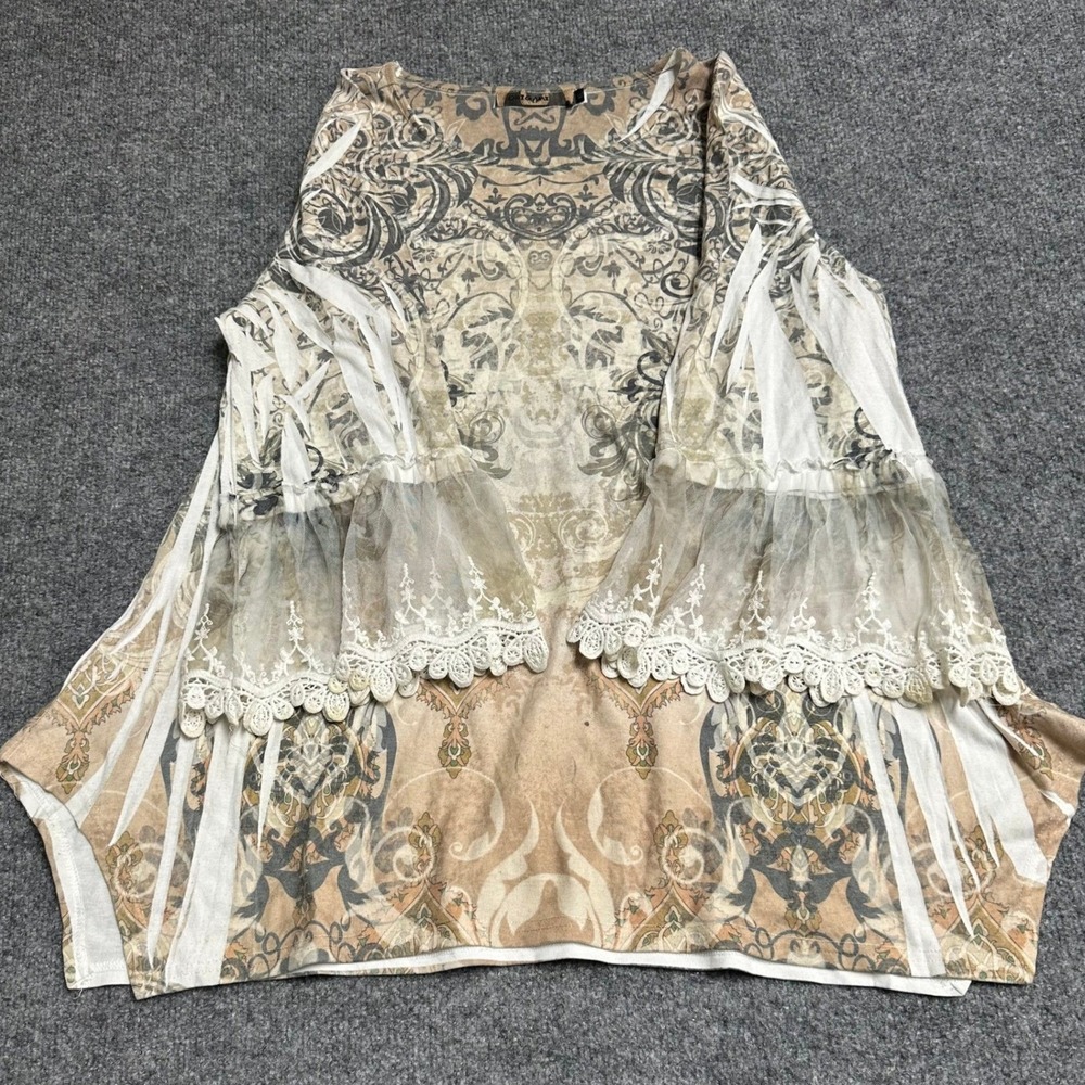 Origami Tunic Womens Size XL Beige Damask Bell Sleeve Lace Trim Boho Top